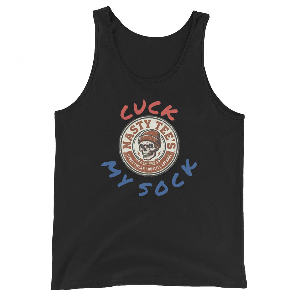 Nasty Tee's Cuck My Sock spoonerism tank, skull badge red and blue graphic, unisex
