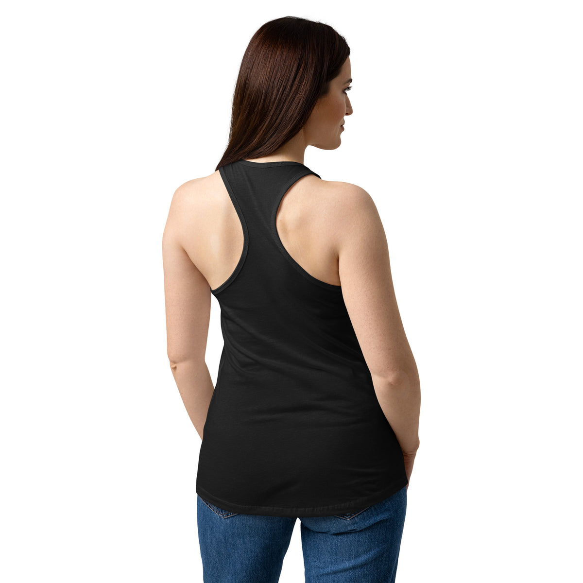 "Belly Jeans" women's racerback tank in black, back view — Nasty Tee's