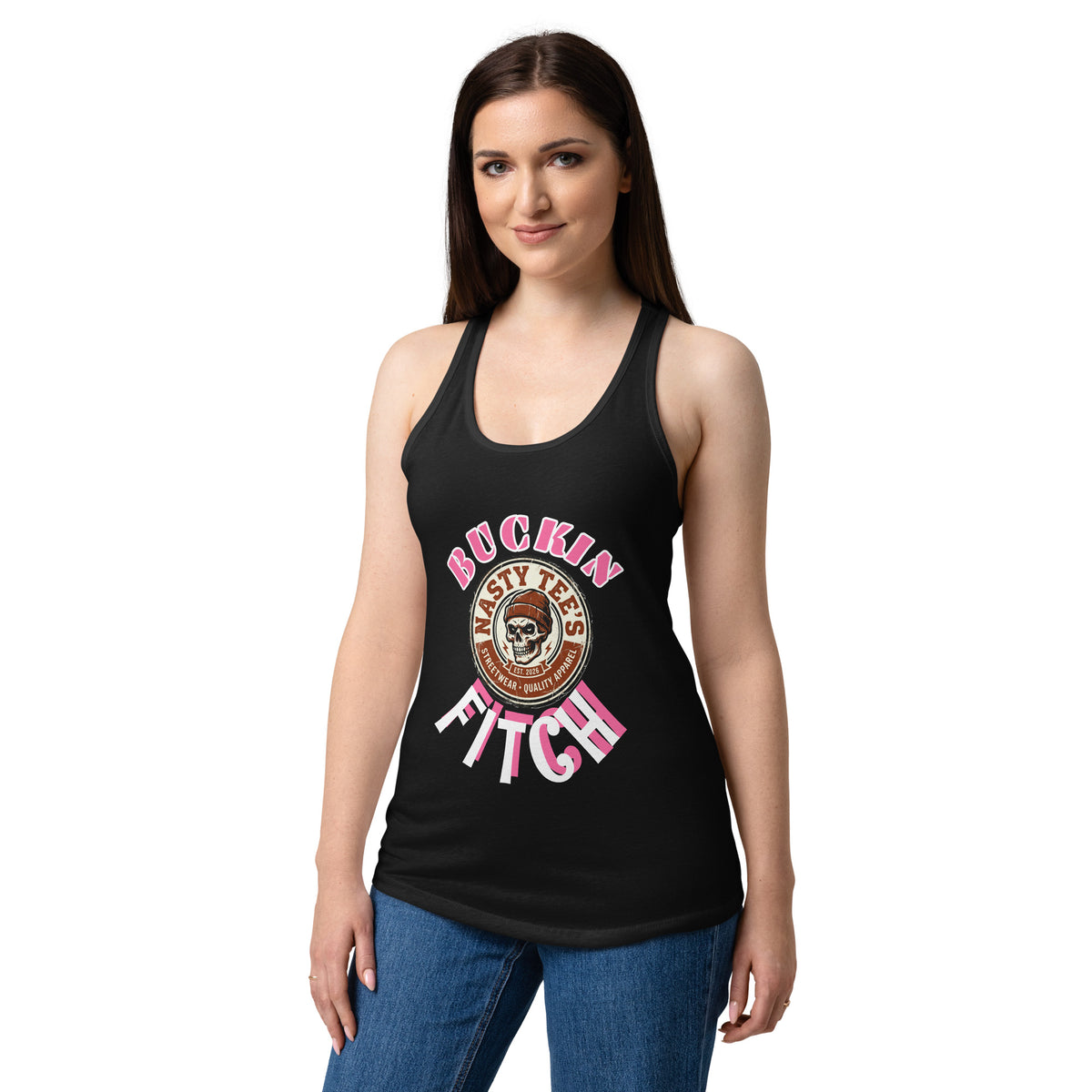 Nasty Tee's Buckin Fitch spoonerism racerback tank, skull badge graphic, fitted women's silhouette