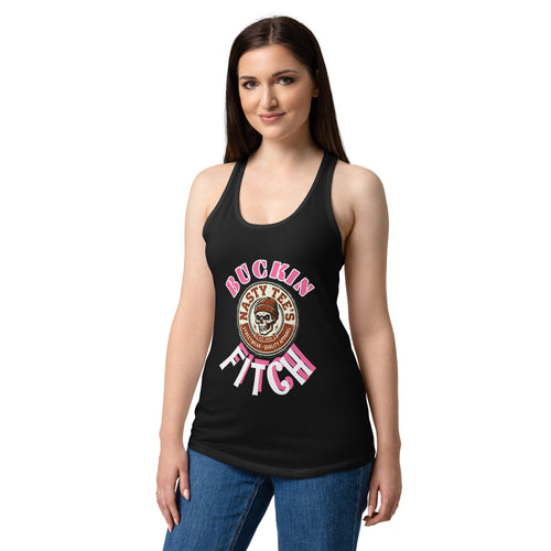 Nasty Tee's Buckin Fitch spoonerism racerback tank, skull badge graphic, fitted women's silhouette