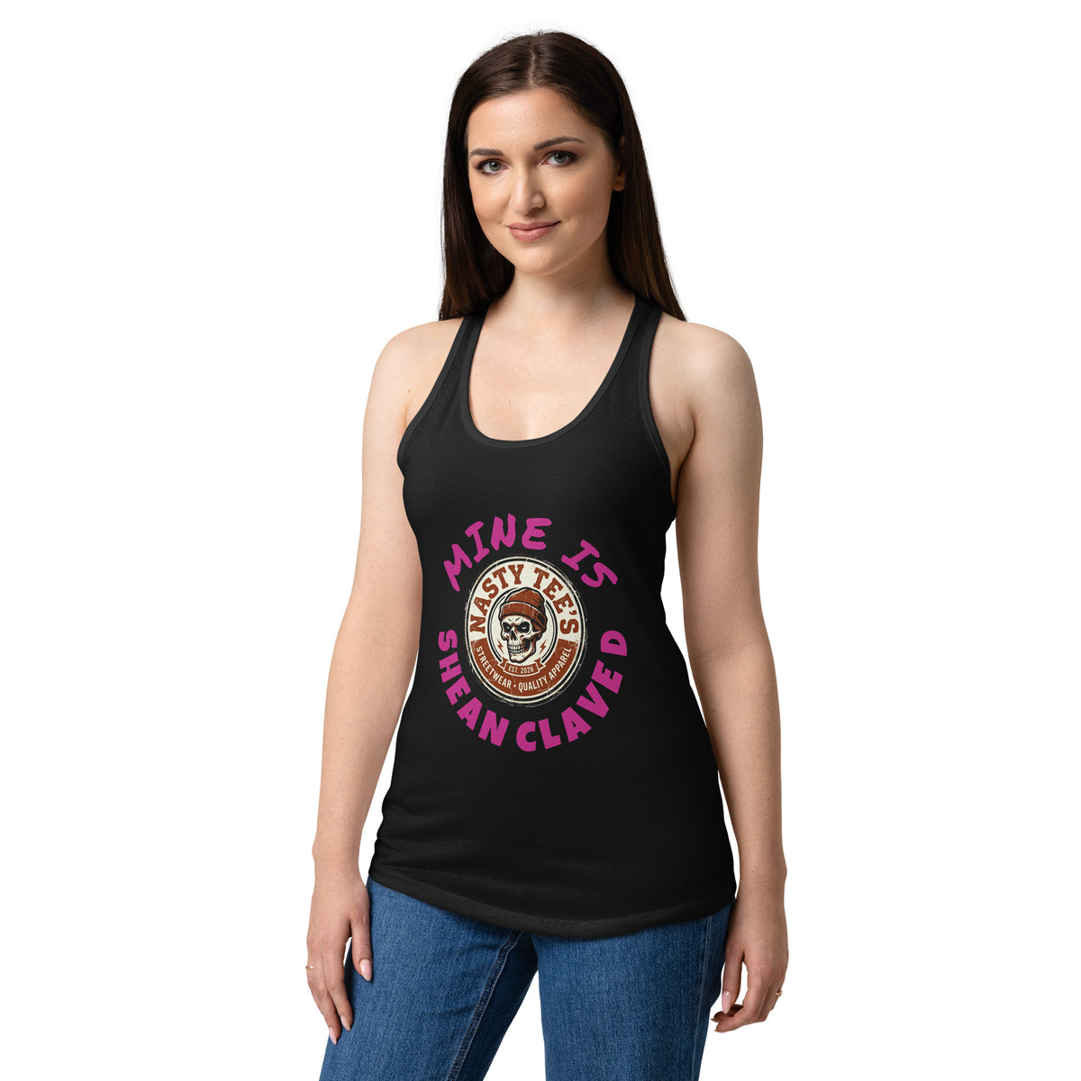 Nasty Tee's Mine Is Shean Claved spoonerism racerback tank, skull badge graphic, fitted women's silhouette