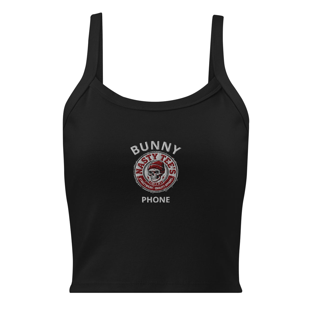 "Bunny Phone" Tank Top in Black, front view — Nasty Tee's